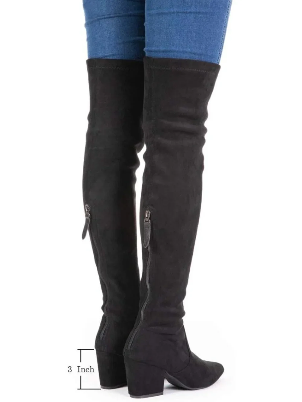Women's Black 3 Inch Pointed Toe Chunky Block Heel Over The Knee High Boots